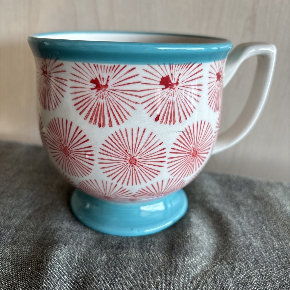 Pioneer Woman Happiness Footed Red & Turquoise Coffee Mug Pedestal Cup Starburst